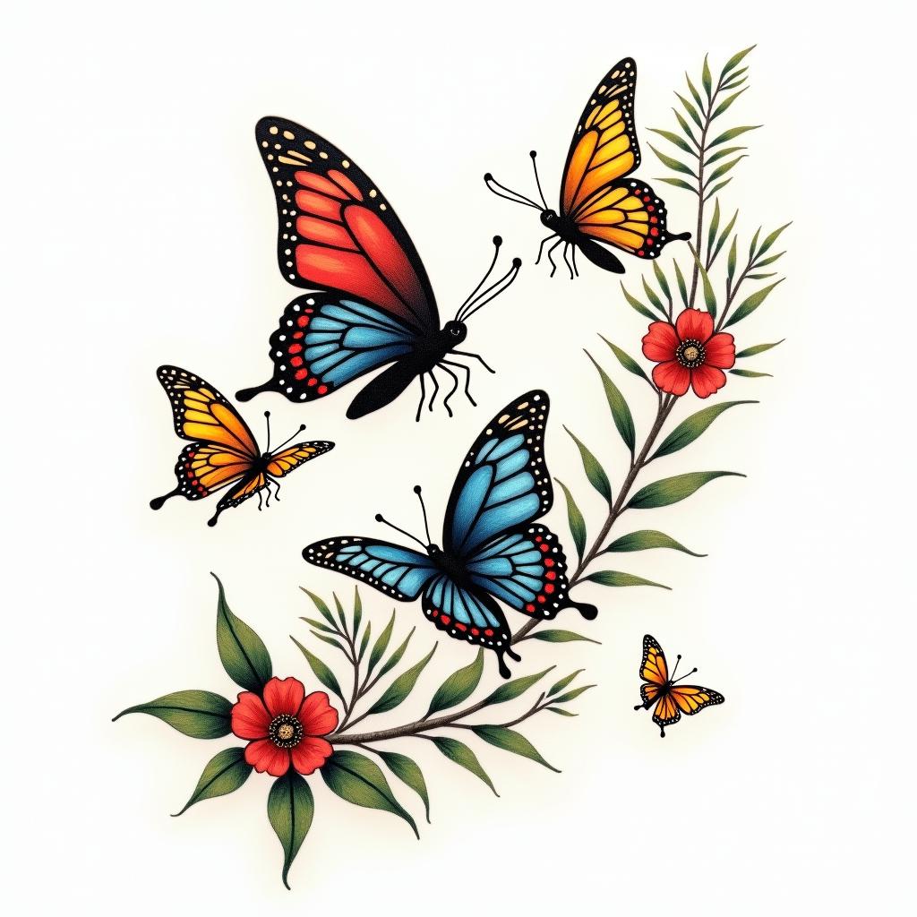 A dynamic scene of small butterflies in motion, showcasing vibrant colors of red, blue, yellow, and green. The butterflies represent beauty and freedom, symbolizing important life moments. The background features elements of nature, emphasizing the theme of liberation and movement.higly detailed tattoo - Variation 4