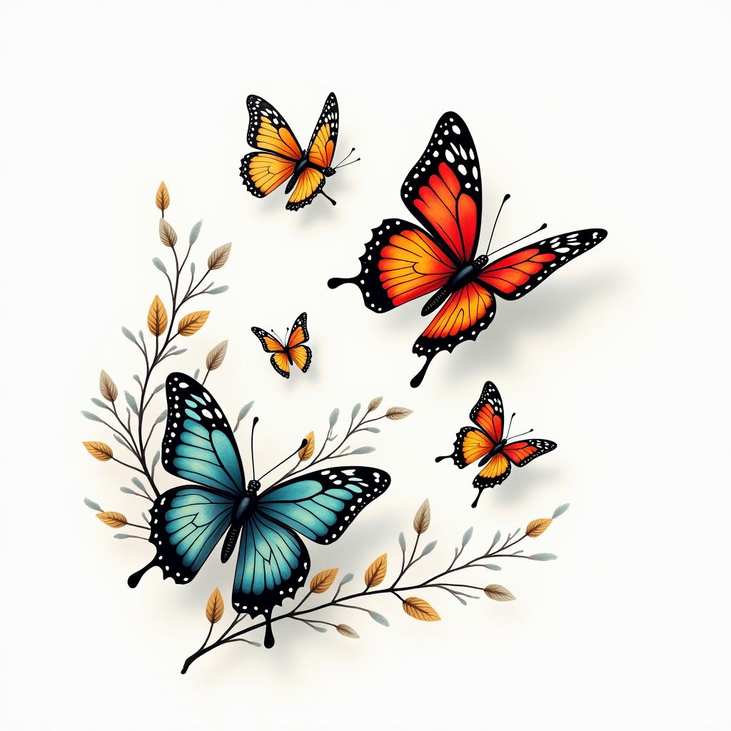 A dynamic scene of small butterflies in motion, showcasing vibrant colors of red, blue, yellow, and green. The butterflies represent beauty and freedom, symbolizing important life moments. The background features elements of nature, emphasizing the theme of liberation and movement.higly detailed tattoo