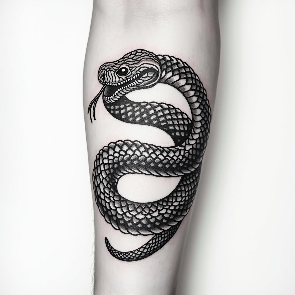 Snake tattoo wrapping around the forearm from the back of the hand to the elbow, the snake head starts on the back of the hand and a tongue sticking out the mouth that goes around the thumb, the snake has scales all up the body and but shaded dark only lightlyhigly detailed tattoo - Variation 4
