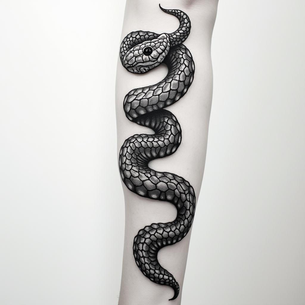 Snake tattoo wrapping around the forearm from the back of the hand to the elbow, the snake head starts on the back of the hand and a tongue sticking out the mouth that goes around the thumb, the snake has scales all up the body and but shaded dark only lightlyhigly detailed tattoo - Variation 3