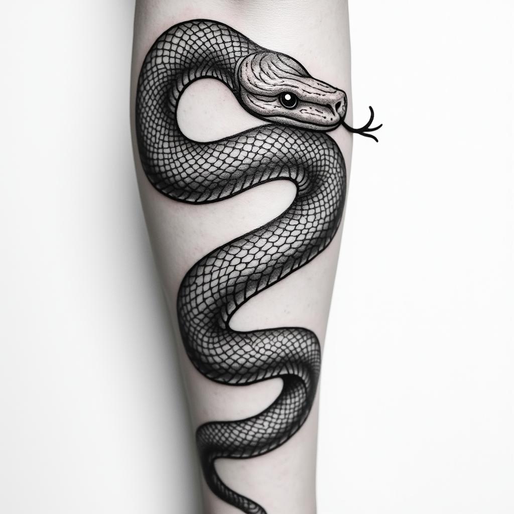 Snake tattoo wrapping around the forearm from the back of the hand to the elbow, the snake head starts on the back of the hand and a tongue sticking out the mouth that goes around the thumb, the snake has scales all up the body and but shaded dark only lightlyhigly detailed tattoo - Variation 2