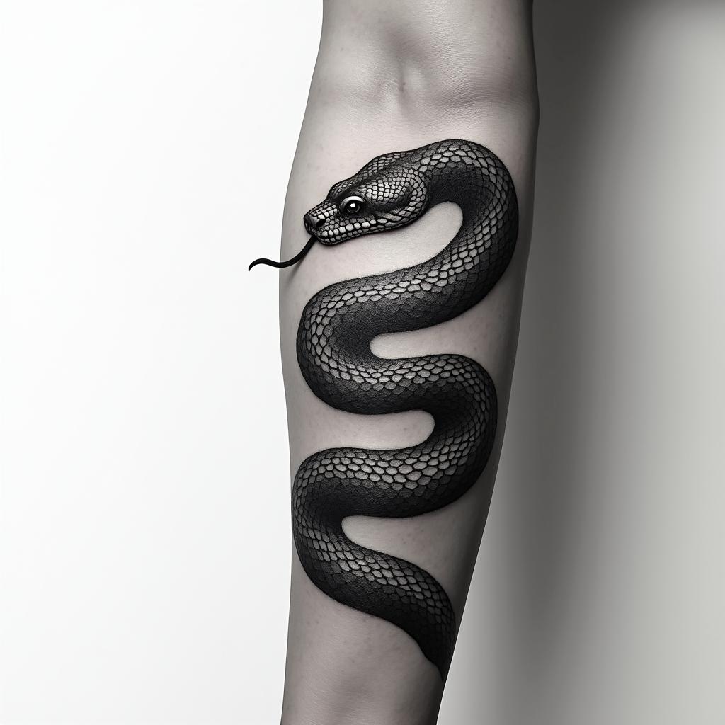 Snake tattoo wrapping around the forearm from the back of the hand to the elbow, the snake head starts on the back of the hand and a tongue sticking out the mouth that goes around the thumb, the snake has scales all up the body and but shaded dark only lightlyhigly detailed tattoo