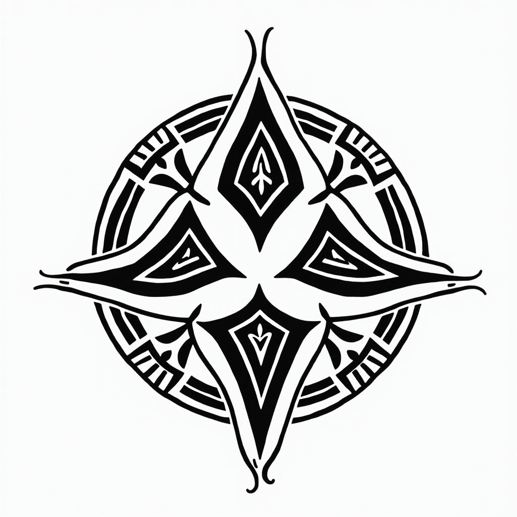 5 triangles overlapping in a circlein tribal tattoo style, featuring bold and black geometric shapes, curved lines, intertwine and flow seamlessly, creating a powerful and symbolic design, polynesian and maori styles - Variation 2