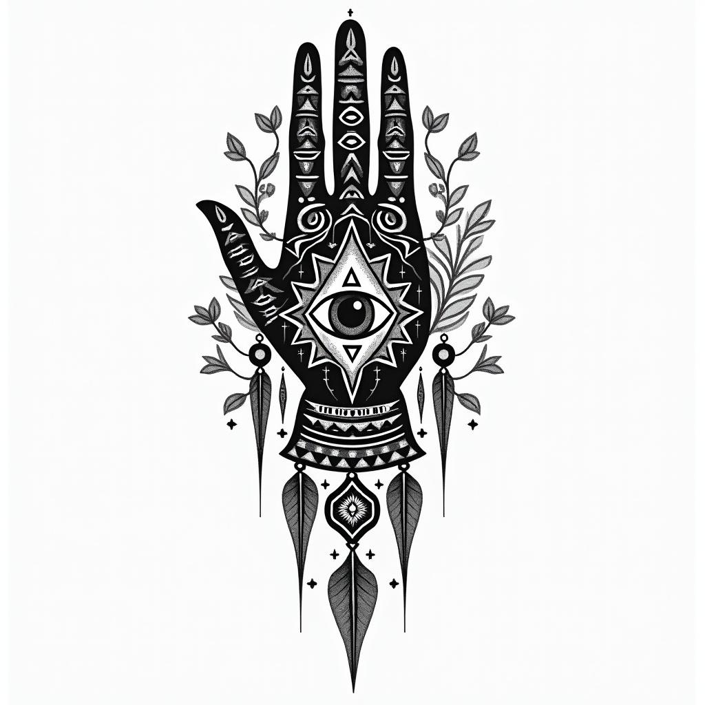African art native American art esoteric metaphysicalin spiritual symbols tattoo style, featuring an intricate design incorporating elements, Hamsa hand, third eye, minimalist composition - Variation 3