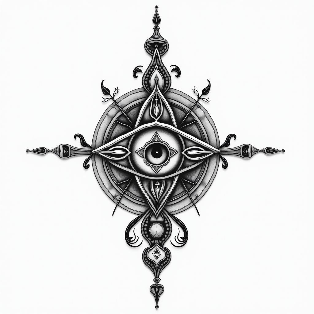 African art native American art esoteric metaphysicalin spiritual symbols tattoo style, featuring an intricate design incorporating elements, Hamsa hand, third eye, minimalist composition - Variation 4