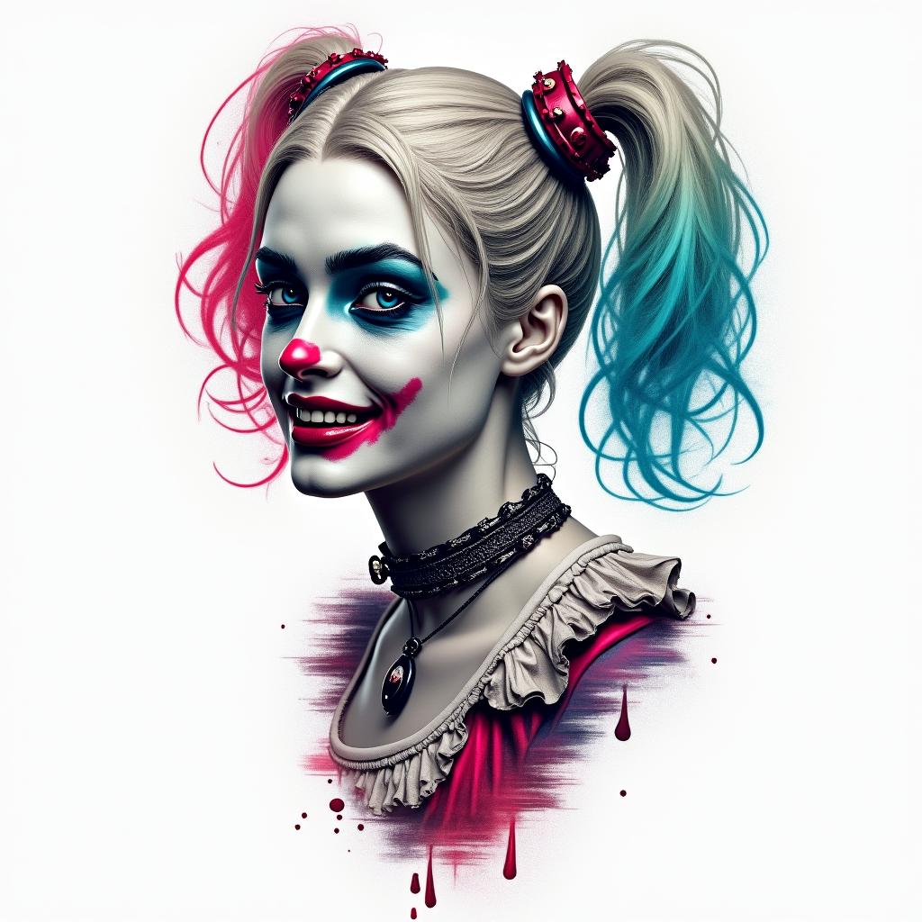 Harley Quinnin distorted and fragmented tattoo design, featuring a classical statue bust, in a glitch art style with vibrant, overlapping colors of cyan, magenta, and yellow, creating a digital distortion effect - Variation 3