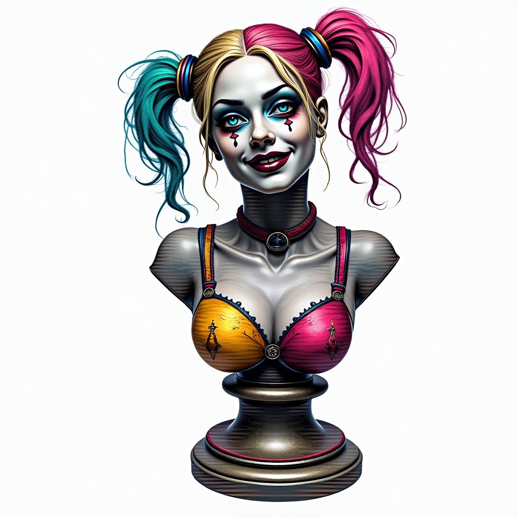 Harley Quinnin distorted and fragmented tattoo design, featuring a classical statue bust, in a glitch art style with vibrant, overlapping colors of cyan, magenta, and yellow, creating a digital distortion effect - Variation 2