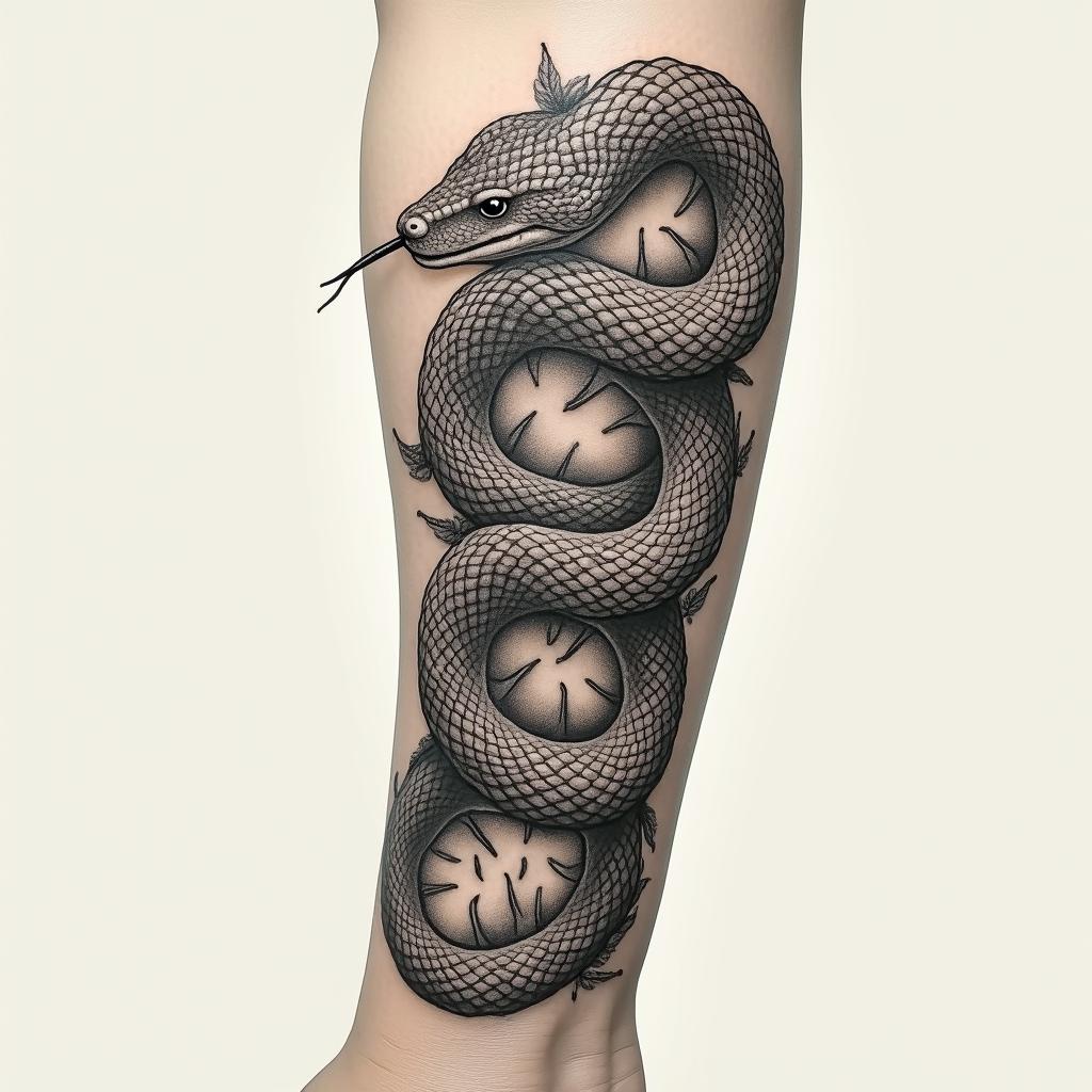 Snake tattoo wrapping around the forearm from the back of the hand to the elbow, the snake head starts on the back of the hand and a tongue sticking out the mouth that goes around the thumb, the snake has scales all up the body and but shaded dark only lightlyin victorian style tattoo, featuring vintage and elegant elements, ornate frames, roses, antique, sepia-toned color scheme - Variation 4