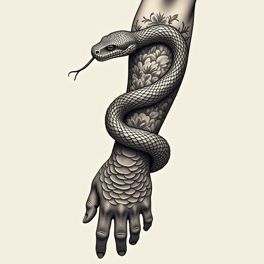 Snake tattoo wrapping around the forearm from the back of the hand to the elbow, the snake head starts on the back of the hand and a tongue sticking out the mouth that goes around the thumb, the snake has scales all up the body and but shaded dark only lightlyin victorian style tattoo, featuring vintage and elegant elements, ornate frames, roses, antique, sepia-toned color scheme - Variation 2