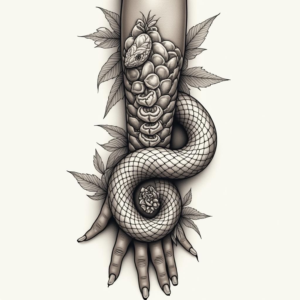 Snake tattoo wrapping around the forearm from the back of the hand to the elbow, the snake head starts on the back of the hand and a tongue sticking out the mouth that goes around the thumb, the snake has scales all up the body and but shaded dark only lightlyin victorian style tattoo, featuring vintage and elegant elements, ornate frames, roses, antique, sepia-toned color scheme