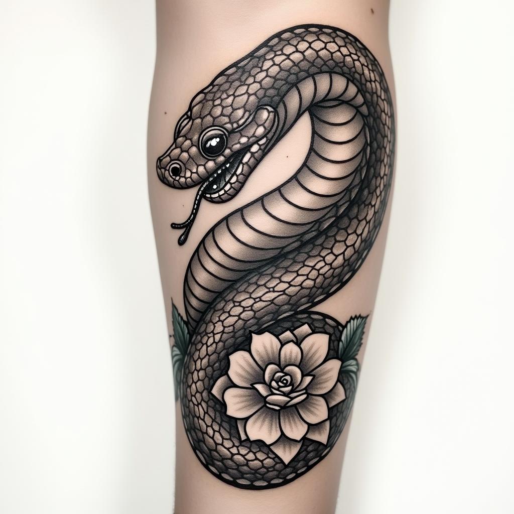 Snake tattoo wrapping around the forearm from the back of the hand to the elbow, the snake head starts on the back of the hand and a tongue sticking out the mouth that goes around the thumb, the snake has scales all up the body and but shaded dark only lightlyin victorian style tattoo, featuring vintage and elegant elements, ornate frames, roses, antique, sepia-toned color scheme - Variation 3