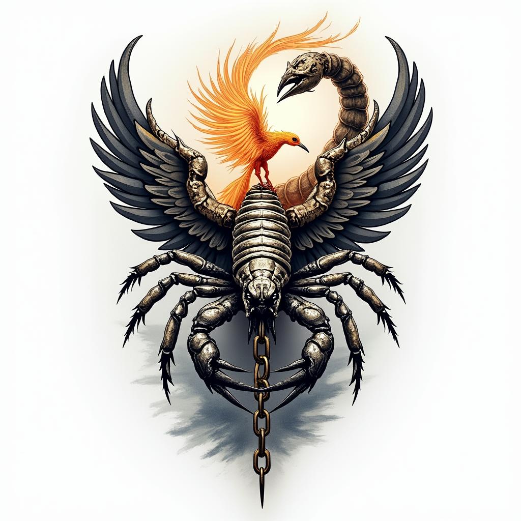 A tattoo design that symbolizes transformation and resilience for a Scorpio. The central element is a powerful scorpion, intricately detailed, with a vibrant phoenix rising behind it, representing rebirth and new beginnings. Surrounding the scorpion and phoenix, incorporate elements like broken chains to signify freedom from the past, and abstract waves to symbolize the flow of life. The overall style is a blend of realism and abstract art, showcasing the journey from a tumultuous past to a brighter future, with deep shades of blue, gold, and black.higly detailed tattoo - Variation 3