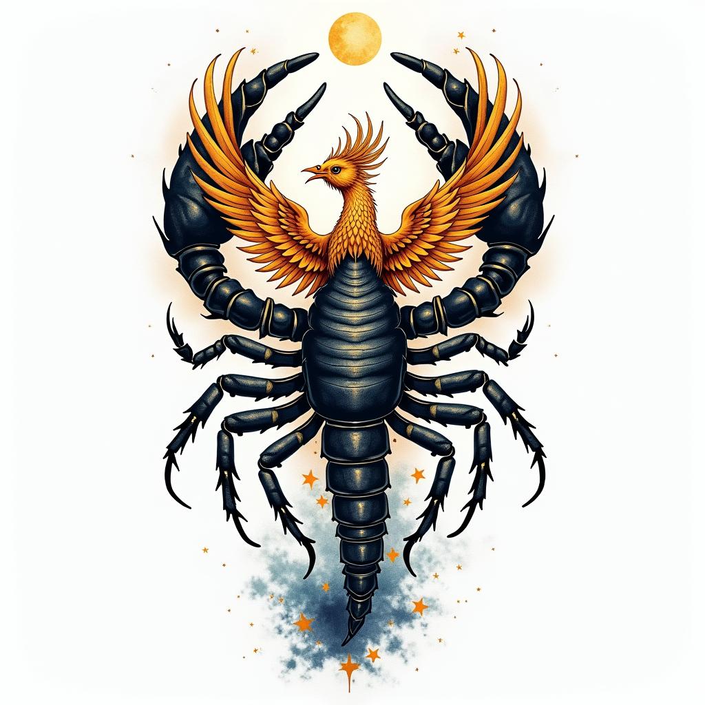 A tattoo design that symbolizes transformation and resilience for a Scorpio. The central element is a powerful scorpion, intricately detailed, with a vibrant phoenix rising behind it, representing rebirth and new beginnings. Surrounding the scorpion and phoenix, incorporate elements like broken chains to signify freedom from the past, and abstract waves to symbolize the flow of life. The overall style is a blend of realism and abstract art, showcasing the journey from a tumultuous past to a brighter future, with deep shades of blue, gold, and black.higly detailed tattoo - Variation 2