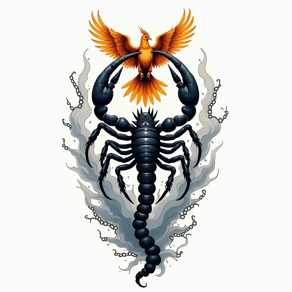 A tattoo design that symbolizes transformation and resilience for a Scorpio. The central element is a powerful scorpion, intricately detailed, with a vibrant phoenix rising behind it, representing rebirth and new beginnings. Surrounding the scorpion and phoenix, incorporate elements like broken chains to signify freedom from the past, and abstract waves to symbolize the flow of life. The overall style is a blend of realism and abstract art, showcasing the journey from a tumultuous past to a brighter future, with deep shades of blue, gold, and black.higly detailed tattoo - Variation 4