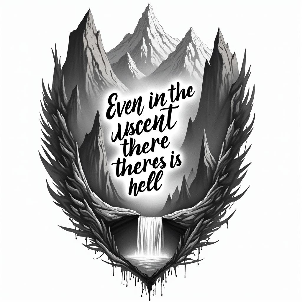 A tattoo design featuring the quote "Even in the descent there is life, even in the ascent there is hell," elegantly written in flowing, unique typography. Surrounding the text, depict vibrant waterfalls cascading down from majestic mountains, symbolizing life, with darker, shadowy imagery at the base representing hell. The overall design captures the contrast between the uplifting nature of life and the darker aspects of challenges and descent.higly detailed tattoo - Variation 3
