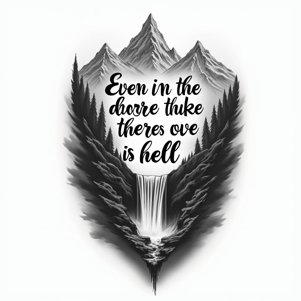 A tattoo design featuring the quote "Even in the descent there is life, even in the ascent there is hell," elegantly written in flowing, unique typography. Surrounding the text, depict vibrant waterfalls cascading down from majestic mountains, symbolizing life, with darker, shadowy imagery at the base representing hell. The overall design captures the contrast between the uplifting nature of life and the darker aspects of challenges and descent.higly detailed tattoo - Variation 2