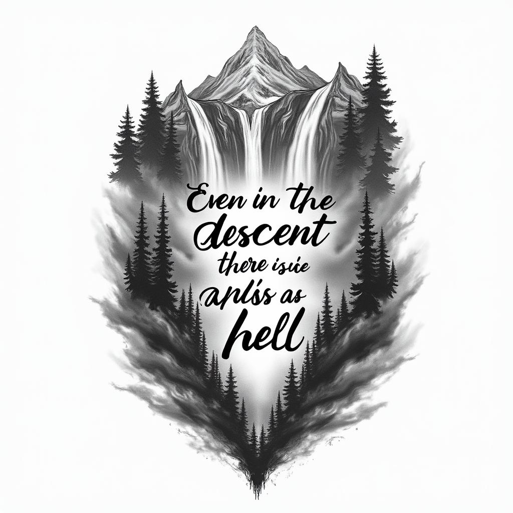 A tattoo design featuring the quote "Even in the descent there is life, even in the ascent there is hell," elegantly written in flowing, unique typography. Surrounding the text, depict vibrant waterfalls cascading down from majestic mountains, symbolizing life, with darker, shadowy imagery at the base representing hell. The overall design captures the contrast between the uplifting nature of life and the darker aspects of challenges and descent.higly detailed tattoo
