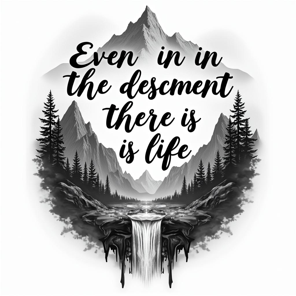 A tattoo design featuring the quote "Even in the descent there is life, even in the ascent there is hell," elegantly written in flowing, unique typography. Surrounding the text, depict vibrant waterfalls cascading down from majestic mountains, symbolizing life, with darker, shadowy imagery at the base representing hell. The overall design captures the contrast between the uplifting nature of life and the darker aspects of challenges and descent.higly detailed tattoo - Variation 4