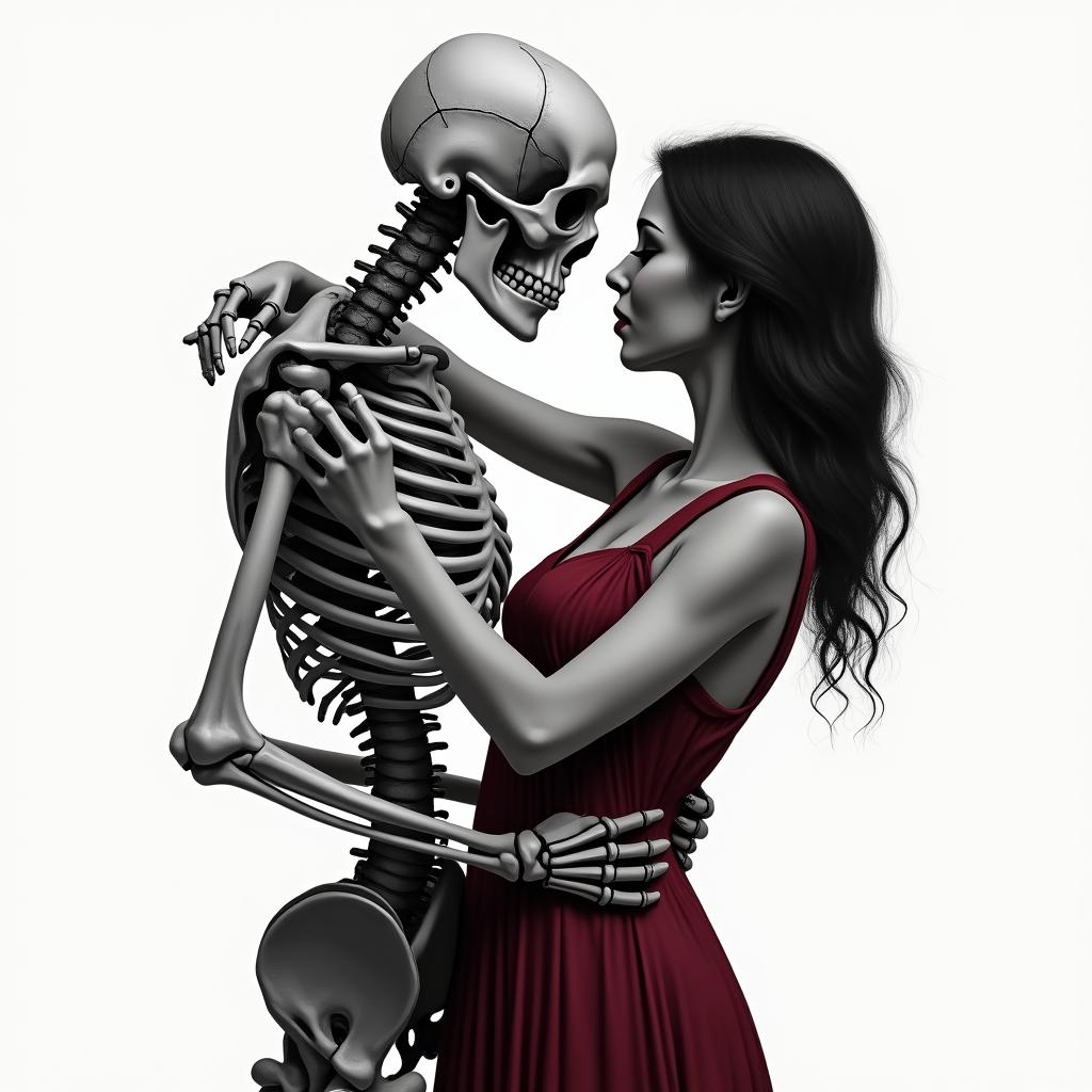 Create a realistic black and gray tattoo of a skeleton slow dancing with a dark haired 
women wearing a dark red/burgundy dress.in realism tattoo style, featuring a highly detailed, lifelike, capturing every detail, photorealistic, ultra realistic, intricate shading, smooth and sharp,   - Variation 2