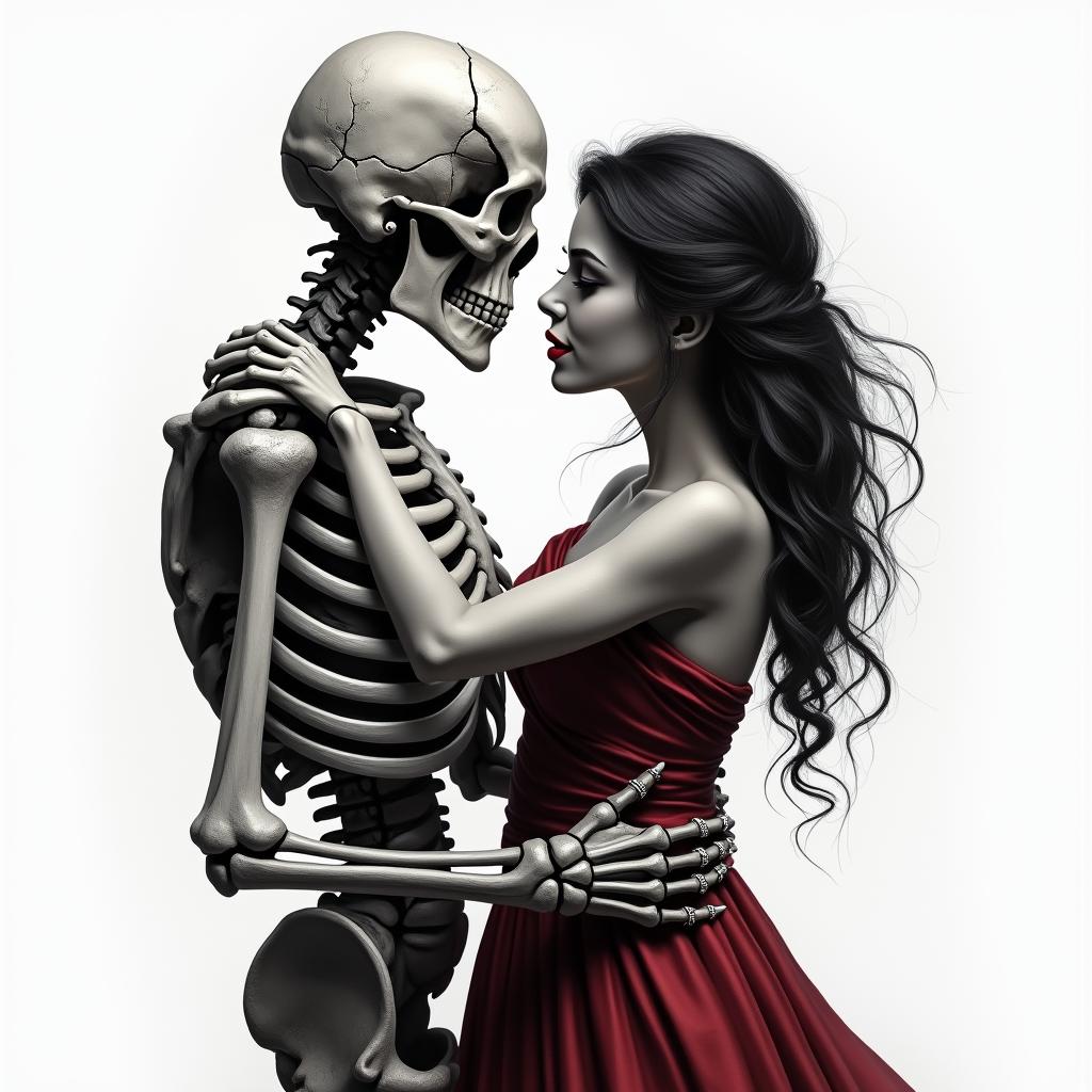Create a realistic black and gray tattoo of a skeleton slow dancing with a dark haired 
women wearing a dark red/burgundy dress.in realism tattoo style, featuring a highly detailed, lifelike, capturing every detail, photorealistic, ultra realistic, intricate shading, smooth and sharp,   - Variation 3