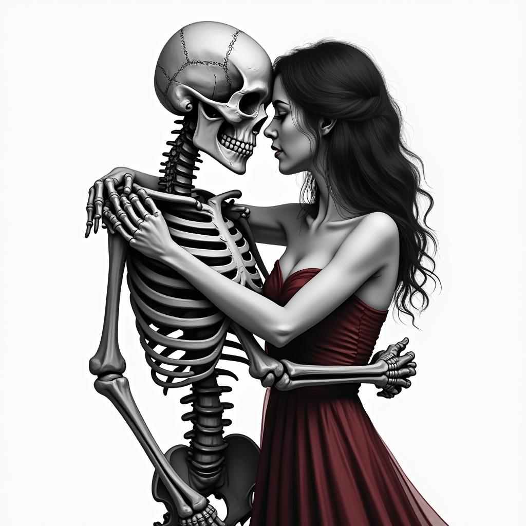 Create a realistic black and gray tattoo of a skeleton slow dancing with a dark haired 
women wearing a dark red/burgundy dress.in realism tattoo style, featuring a highly detailed, lifelike, capturing every detail, photorealistic, ultra realistic, intricate shading, smooth and sharp,   - Variation 4