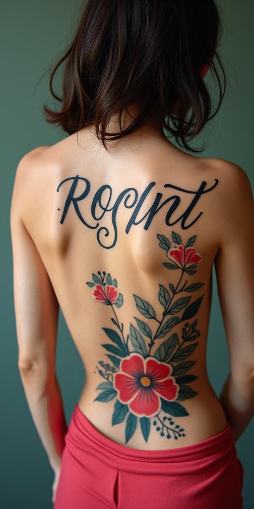 Rocet,capricorn,garnet,carnation,singlemomtext-based tattoo, japanese font ultra-realistic, perfectly placed, high-quality font design, photo-realistic shading, 8k, high quality, finely detailed typograph - Variation 4