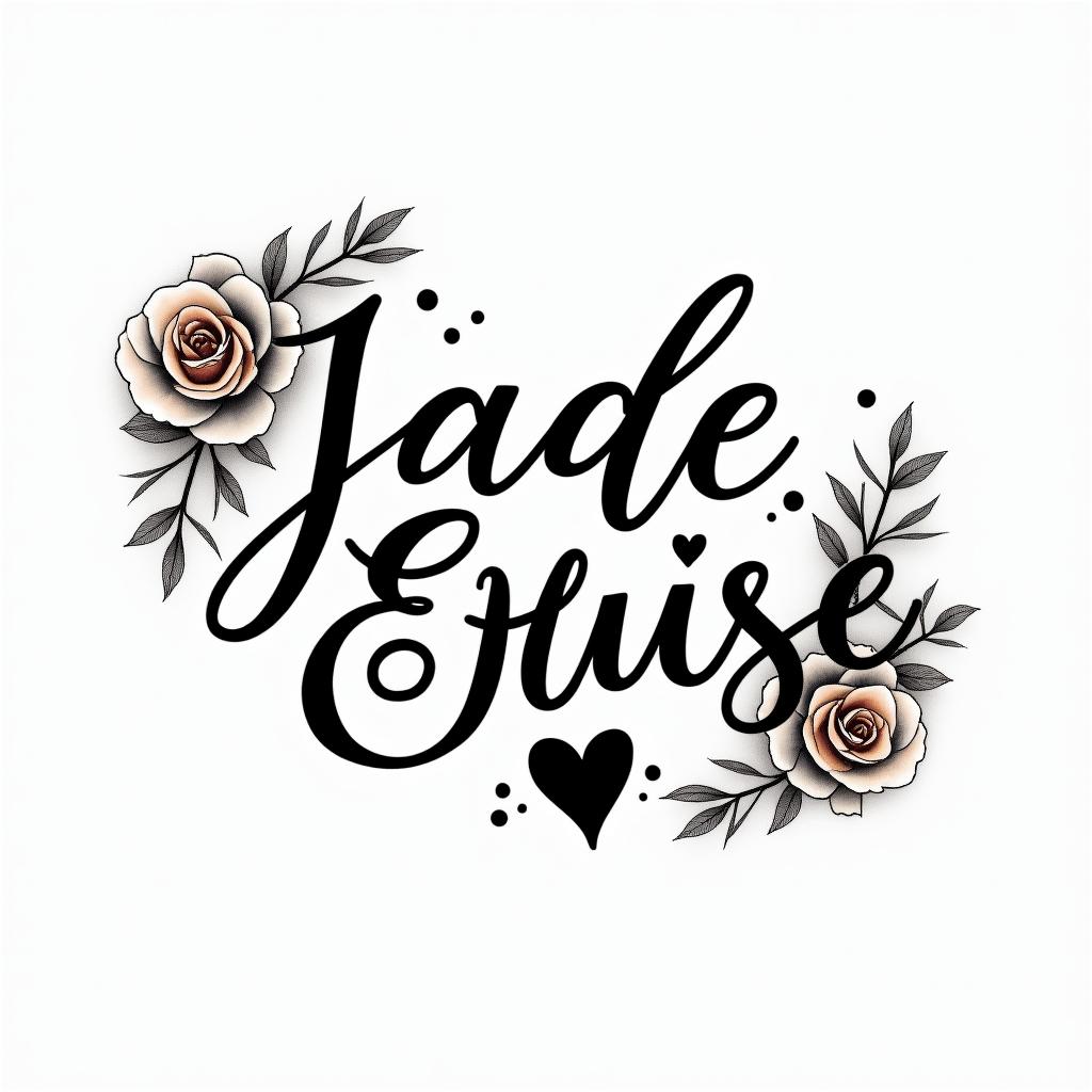 Jade Eloise 25-02-2022in elegant cursive calligraphy style 2d tattoo, decorate with roses, featuring a smooth and flowing handwritten script with slightly thickened strokes for a luxurious and bold appearance, heart symbol between names, sleek and glossy black text with shadowing, minimalist matte white background, clean and sharp edges, illuminated with soft lighting, romantic, 8k, high-quality textures with refined typography