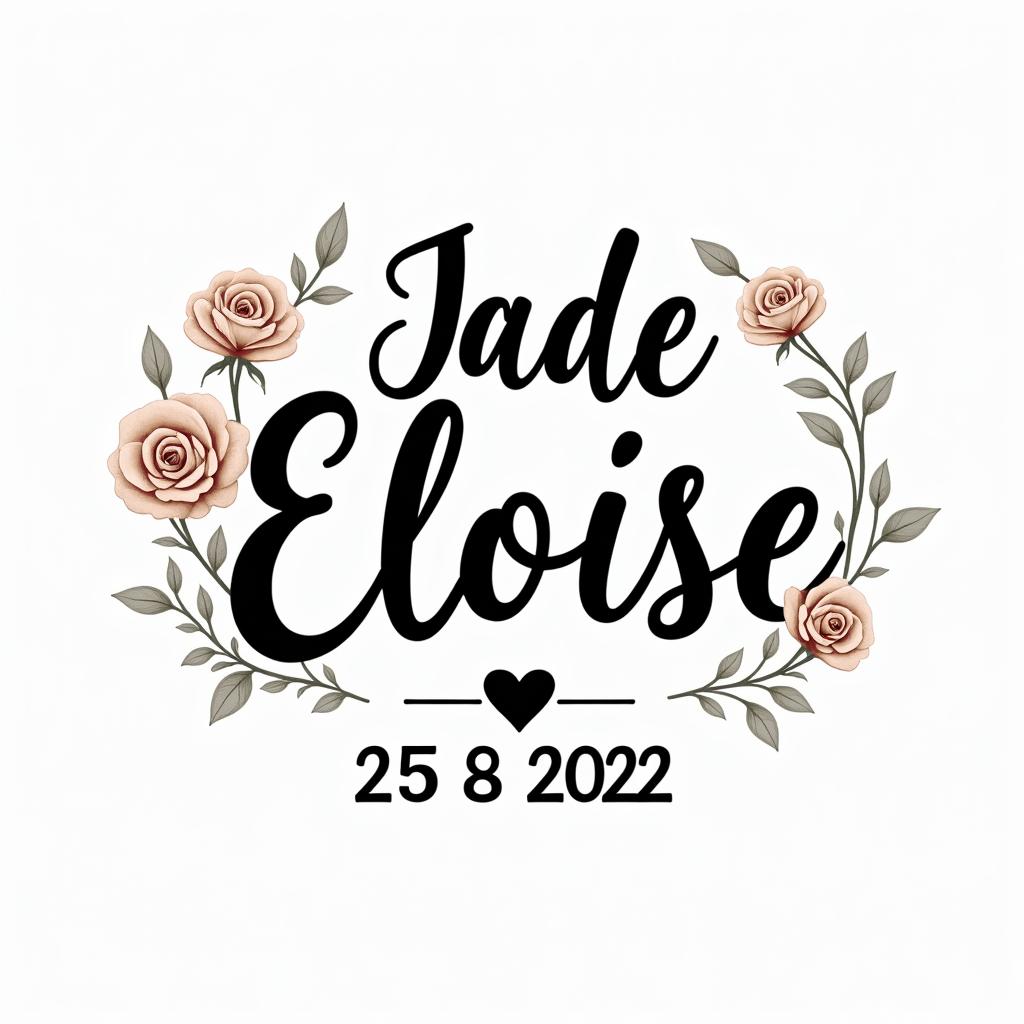 Jade Eloise 25-02-2022in elegant cursive calligraphy style 2d tattoo, decorate with roses, featuring a smooth and flowing handwritten script with slightly thickened strokes for a luxurious and bold appearance,  heart symbol between names,  sleek and glossy black text with shadowing, minimalist matte white background, clean and sharp edges, illuminated with soft lighting, romantic, 8k, high-quality textures with refined typography - Variation 2