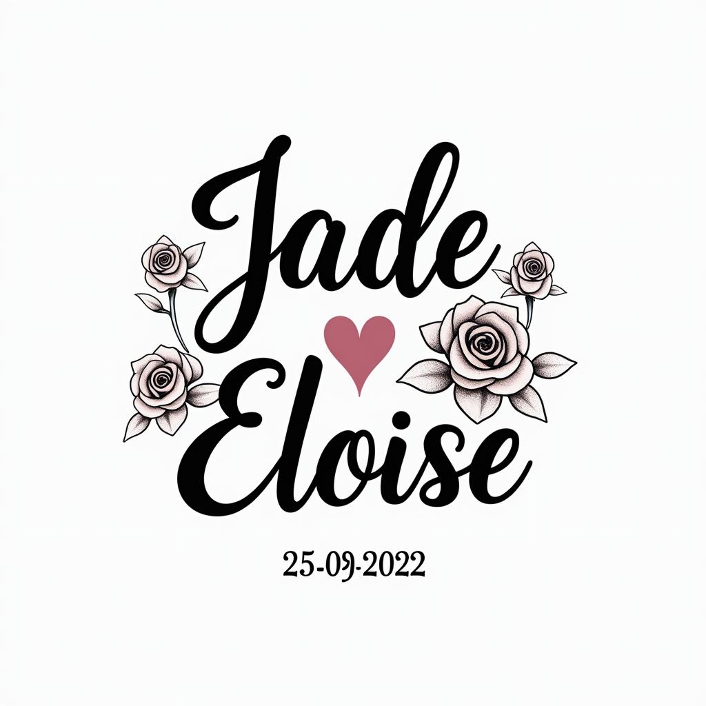 Jade Eloise 25-02-2022in elegant cursive calligraphy style 2d tattoo, decorate with roses, featuring a smooth and flowing handwritten script with slightly thickened strokes for a luxurious and bold appearance,  heart symbol between names,  sleek and glossy black text with shadowing, minimalist matte white background, clean and sharp edges, illuminated with soft lighting, romantic, 8k, high-quality textures with refined typography - Variation 4