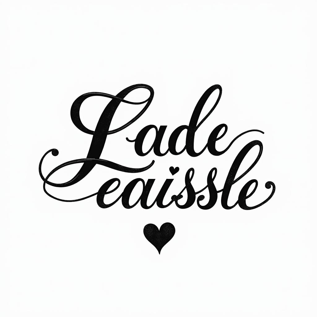 Jade Eloise 25-02-2022in elegant cursive calligraphy style 2d tattoo, decorate with roses, featuring a smooth and flowing handwritten script with slightly thickened strokes for a luxurious and bold appearance,  heart symbol between names,  sleek and glossy black text with shadowing, minimalist matte white background, clean and sharp edges, illuminated with soft lighting, romantic, 8k, high-quality textures with refined typography - Variation 3