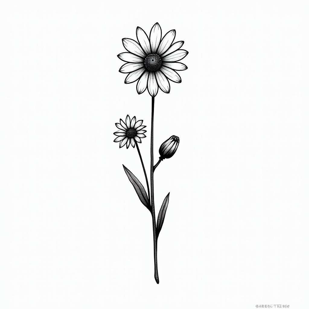 Snow drop flower and daisy bouquet, small, fine line, minimalin minimalist style tattoo, featuring simple shapes and fine lines, with minimal shading and details, tiny triangles, creating a sense of balance and harmony - Variation 2