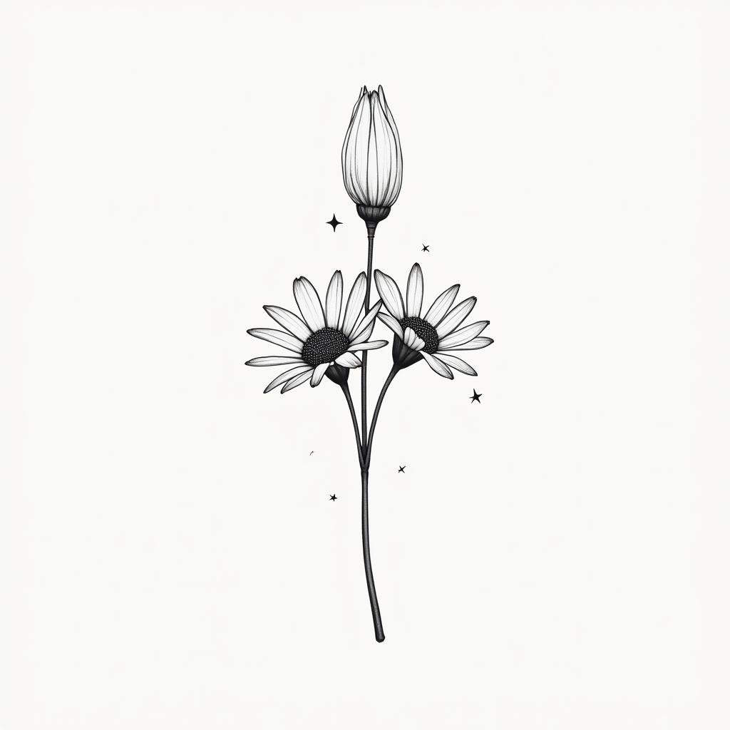 Snow drop flower and daisy bouquet, small, fine line, minimalin minimalist style tattoo, featuring simple shapes and fine lines, with minimal shading and details, tiny triangles, creating a sense of balance and harmony - Variation 3