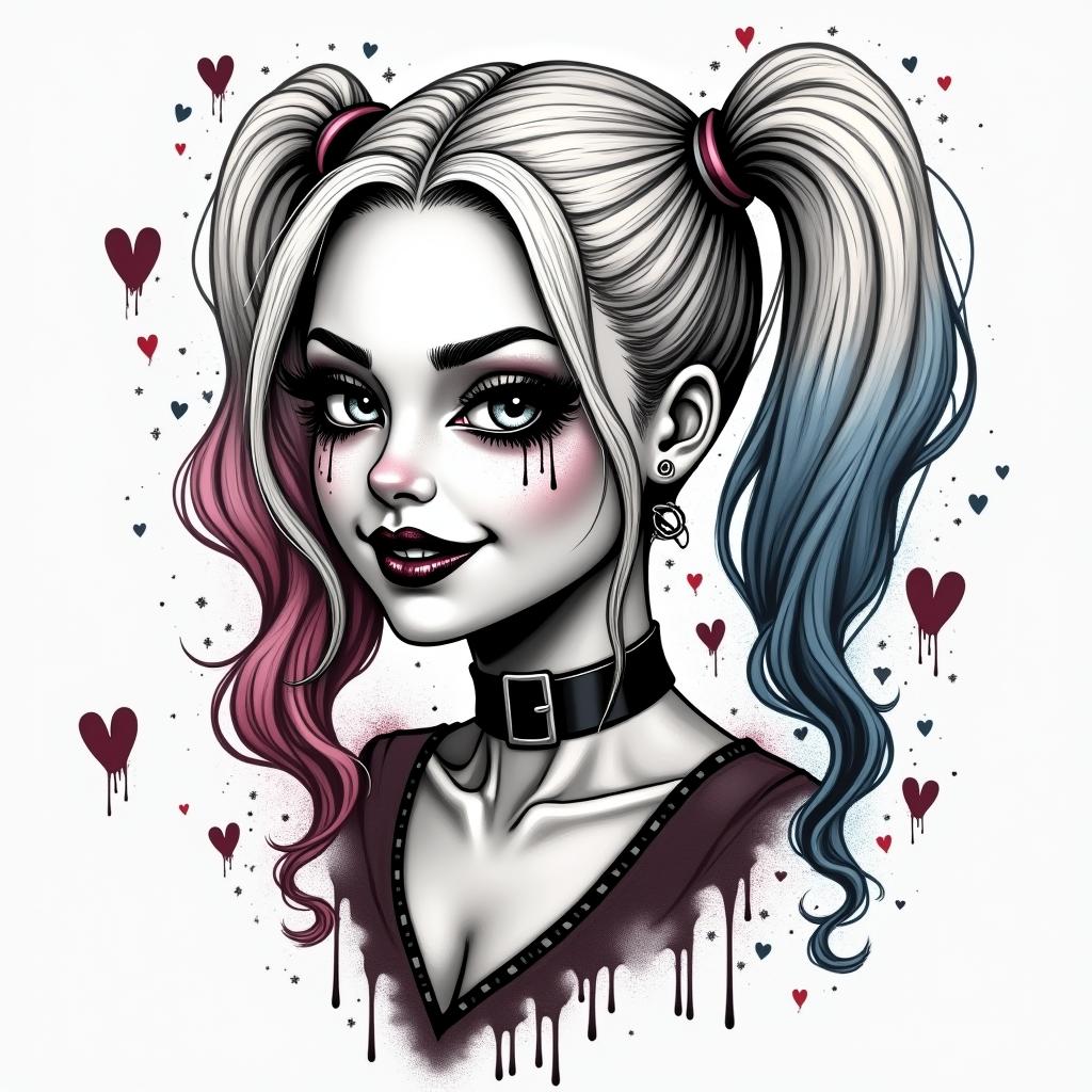 Harley Quinn dollin graffiti style tattoo, featuring bold and dynamic street art elements, spray-paint texture with exaggerated lines and expressive, chaotic brushstrokes, intricate lettering incorporated with graffiti tags, symbols like hearts, stars, and wings - Variation 2