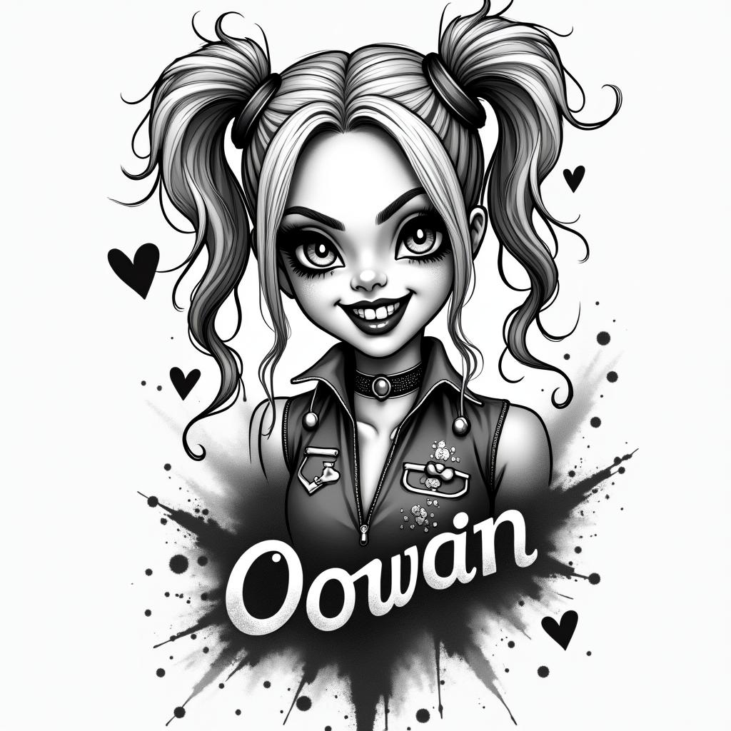 Harley Quinn dollin graffiti style tattoo, featuring bold and dynamic street art elements, spray-paint texture with exaggerated lines and expressive, chaotic brushstrokes, intricate lettering incorporated with graffiti tags, symbols like hearts, stars, and wings - Variation 1