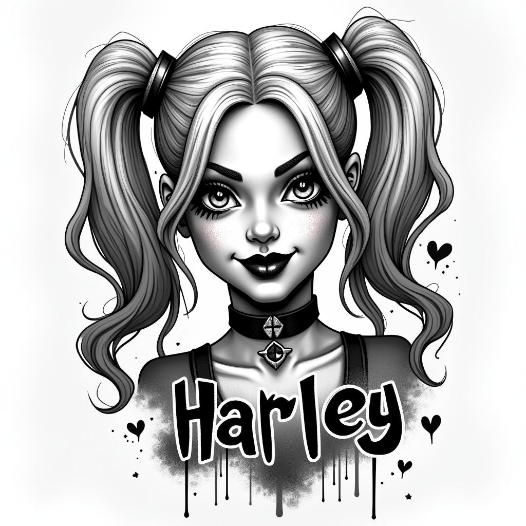 Harley Quinn dollin graffiti style tattoo, featuring bold and dynamic street art elements, spray-paint texture with exaggerated lines and expressive, chaotic brushstrokes, intricate lettering incorporated with graffiti tags, symbols like hearts, stars, and wings - Variation 3