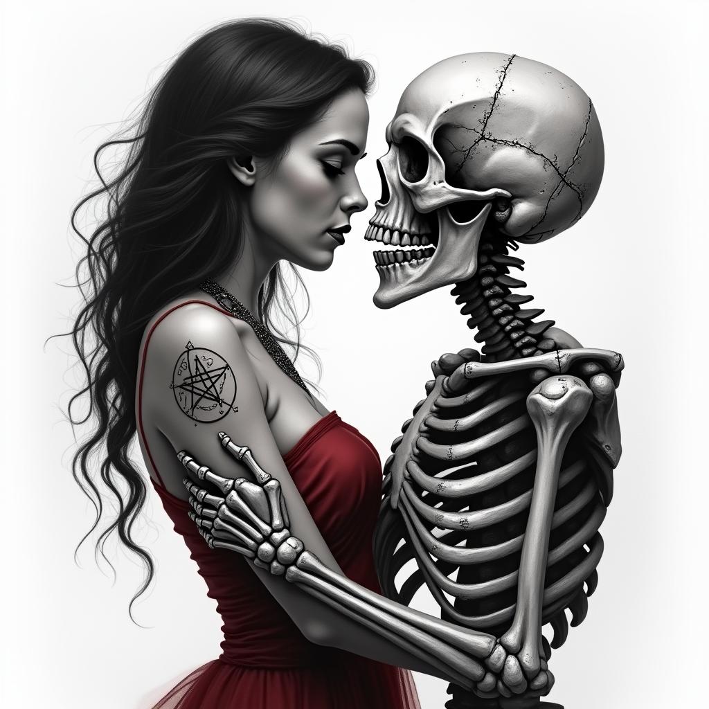 Create a realistic black and gray tattoo of a skeleton slow dancing with a dark haired 
women wearing a dark red/burgundy dress.creepy horror tattoo style, featuring an eerie and unsettling skull of a demonic creature, distorted face with sharp fangs, add pentagram symbol - Variation 4