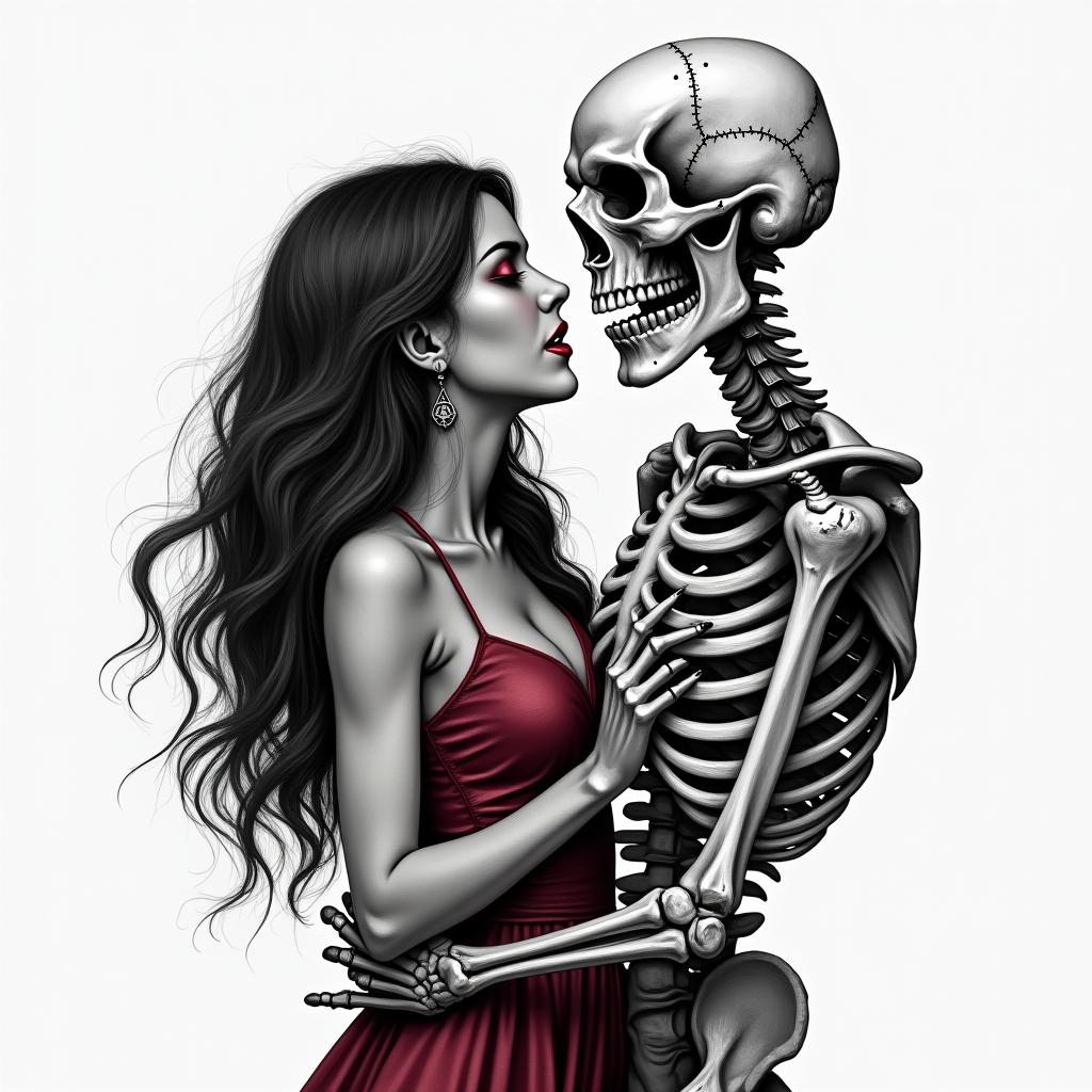 Create a realistic black and gray tattoo of a skeleton slow dancing with a dark haired 
women wearing a dark red/burgundy dress.creepy horror tattoo style, featuring an eerie and unsettling skull of a demonic creature, distorted face with sharp fangs, add pentagram symbol - Variation 3