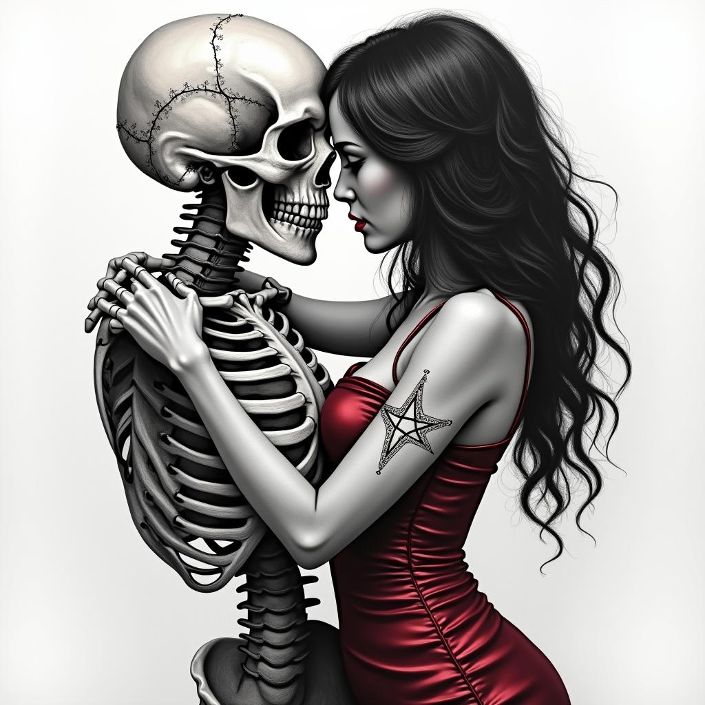 Create a realistic black and gray tattoo of a skeleton slow dancing with a dark haired 
women wearing a dark red/burgundy dress.creepy horror tattoo style, featuring an eerie and unsettling skull of a demonic creature, distorted face with sharp fangs, add pentagram symbol - Variation 2