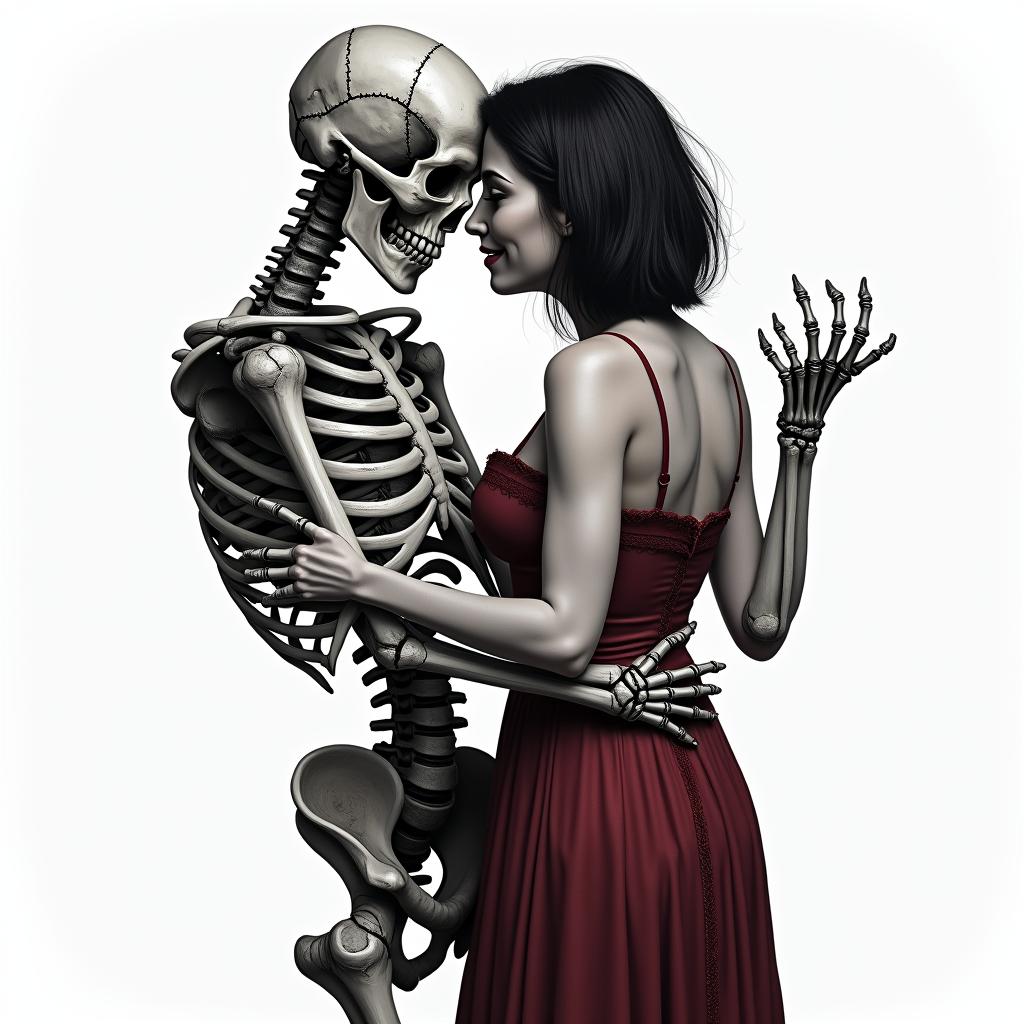 Create a realistic black and gray tattoo of a skeleton slow dancing with a dark haired 
women wearing a dark red/burgundy dress.creepy horror tattoo style, featuring an eerie and unsettling skull of a demonic creature, distorted face with sharp fangs, add pentagram symbol