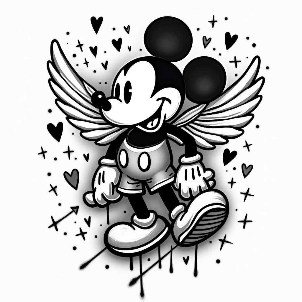 Mickey, Aquarius, February 10, 1994, year of the dog, soldierin graffiti style tattoo, featuring bold and dynamic street art elements, spray-paint texture with exaggerated lines and expressive, chaotic brushstrokes, intricate lettering incorporated with graffiti tags, symbols like hearts, stars, and wings - Variation 1