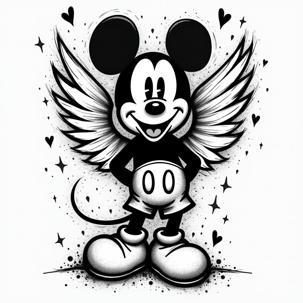 Mickey, Aquarius, February 10, 1994, year of the dog, soldierin graffiti style tattoo, featuring bold and dynamic street art elements, spray-paint texture with exaggerated lines and expressive, chaotic brushstrokes, intricate lettering incorporated with graffiti tags, symbols like hearts, stars, and wings - Variation 3