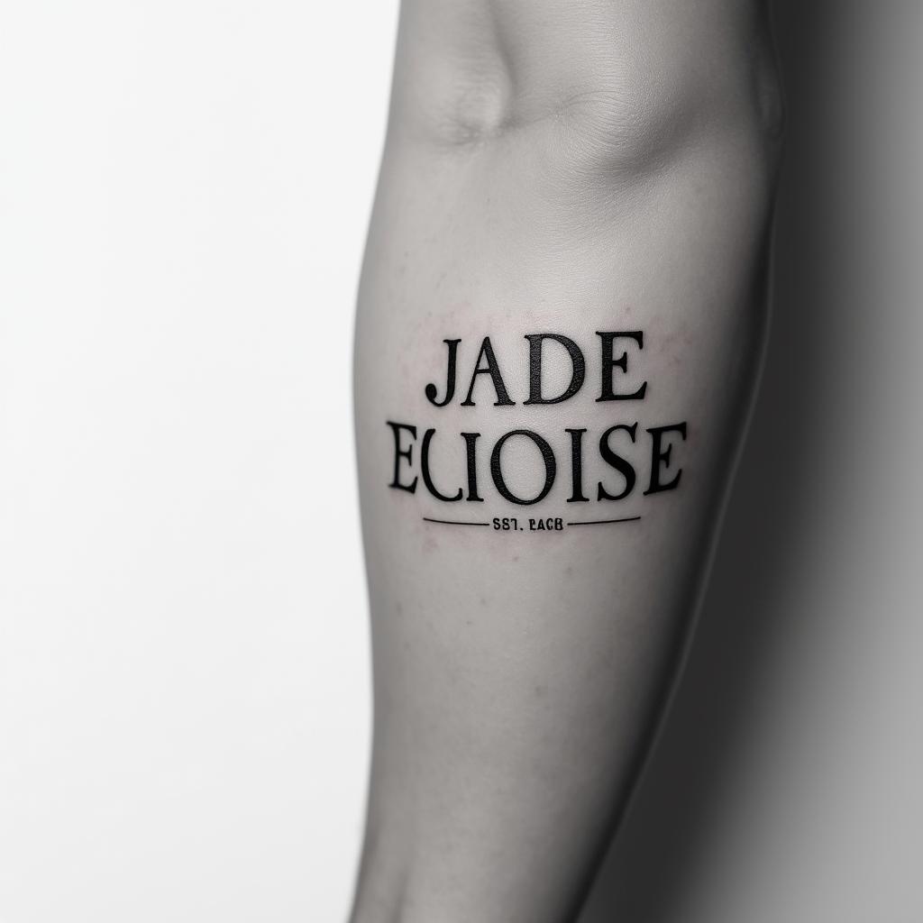 Jade Eloise 02-25-2022, on the male arm.minimalist text-based tattoo, Monospace font ultra-realistic, perfectly placed, high-quality font design, photo-realistic shading, 8k, high quality, finely detailed typograph - Variation 2