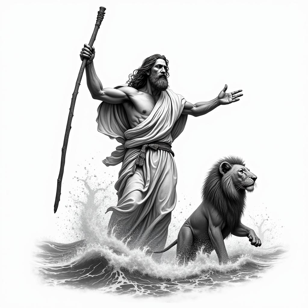 A realistic black and white tattoo of Moses splitting the sea, holding a stick in one hand with both arms outspread, symbolizing the moment of parting the waters. Alongside him, the Ten Commandments are depicted, and a realistically sized Lion of Judah is included, slightly smaller than Moses, to represent Jewish heritage and faith.higly detailed tattoo - Variation 4