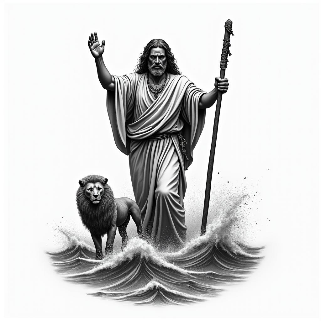 A realistic black and white tattoo of Moses splitting the sea, holding a stick in one hand with both arms outspread, symbolizing the moment of parting the waters. Alongside him, the Ten Commandments are depicted, and a realistically sized Lion of Judah is included, slightly smaller than Moses, to represent Jewish heritage and faith.higly detailed tattoo - Variation 2