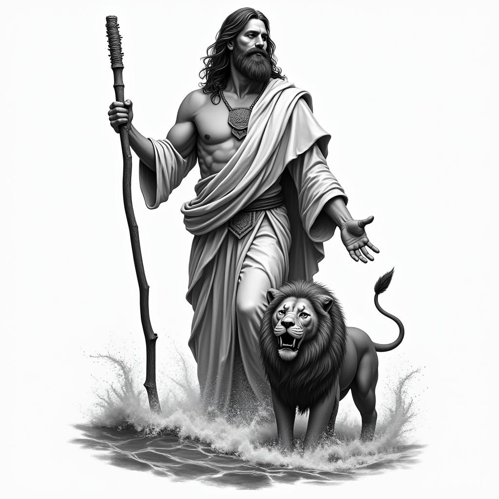 A realistic black and white tattoo of Moses splitting the sea, holding a stick in one hand with both arms outspread, symbolizing the moment of parting the waters. Alongside him, the Ten Commandments are depicted, and a realistically sized Lion of Judah is included, slightly smaller than Moses, to represent Jewish heritage and faith.higly detailed tattoo - Variation 3