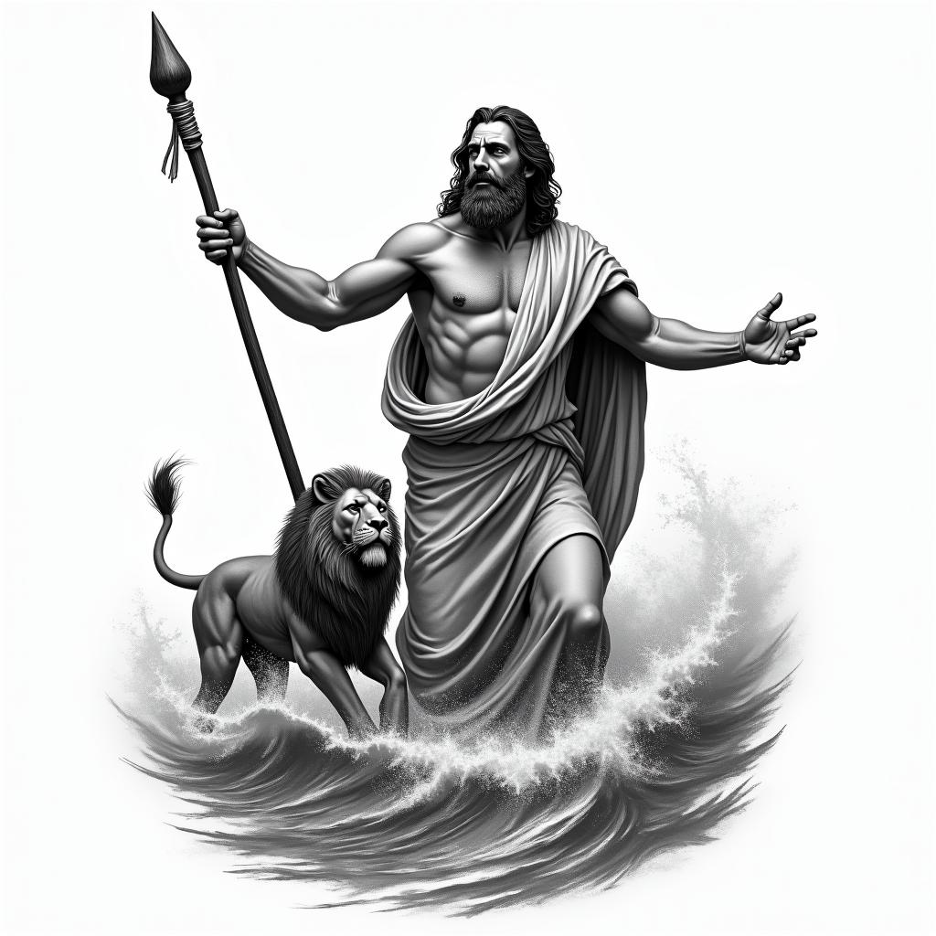 A realistic black and white tattoo of Moses splitting the sea, holding a stick in one hand with both arms outspread, symbolizing the moment of parting the waters. Alongside him, the Ten Commandments are depicted, and a realistically sized Lion of Judah is included, slightly smaller than Moses, to represent Jewish heritage and faith.higly detailed tattoo