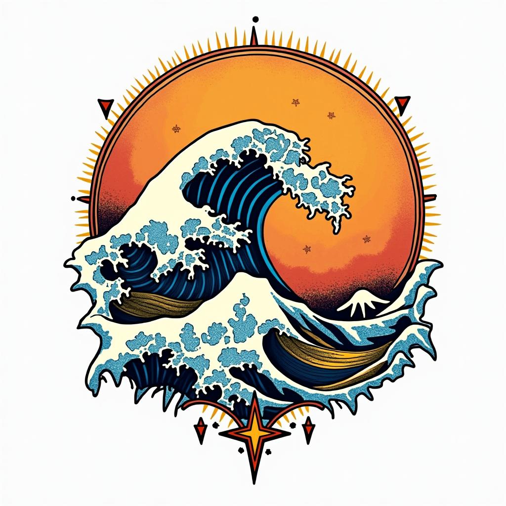 Wave, star tarot, pure lifein pop art style tattoo, featuring bold and vibrant colors, exaggerated outlines, iconic imagery, inspired by comic books and speech bubbles, comic book characters, retro pop culture - Variation 2