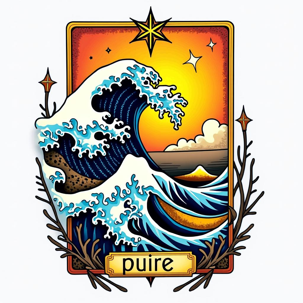 Wave, star tarot, pure lifein pop art style tattoo, featuring bold and vibrant colors, exaggerated outlines, iconic imagery, inspired by comic books and speech bubbles, comic book characters, retro pop culture - Variation 3