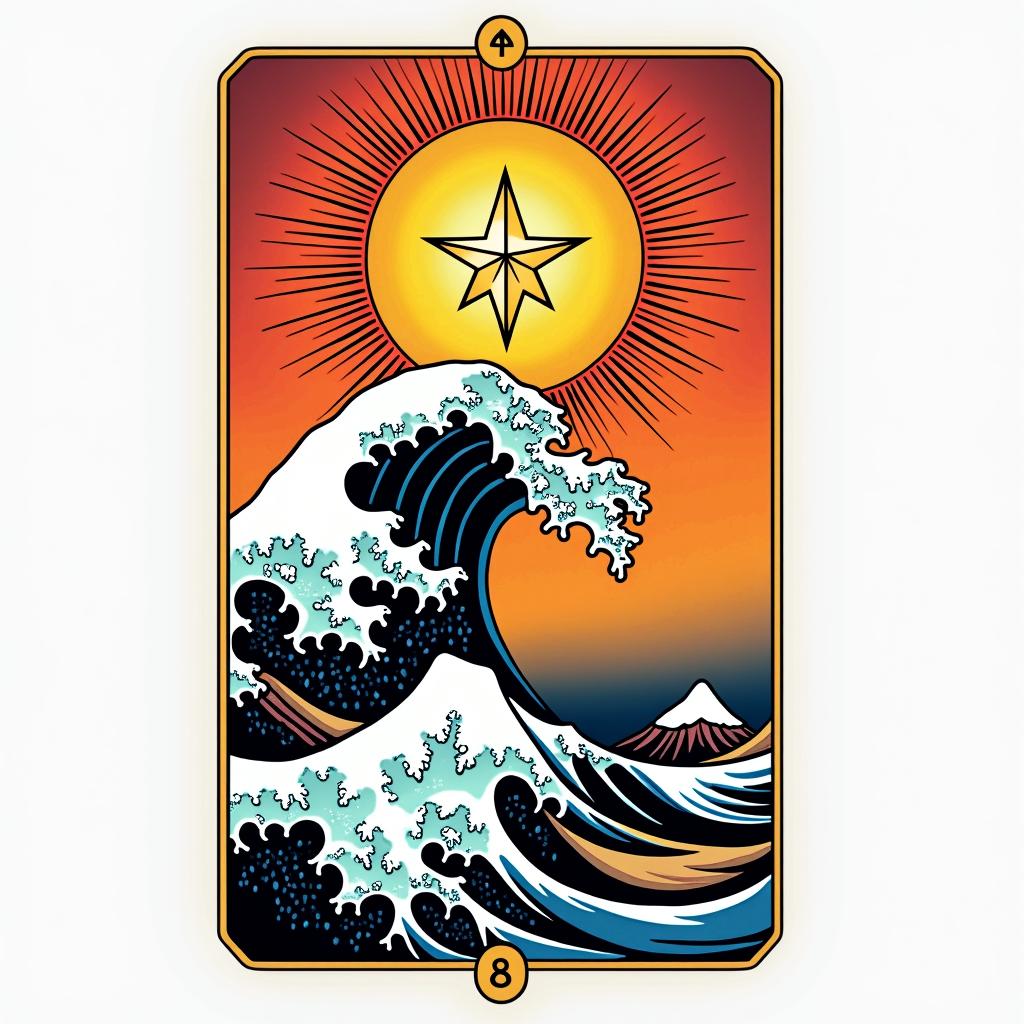 Wave, star tarot, pure lifein pop art style tattoo, featuring bold and vibrant colors, exaggerated outlines, iconic imagery, inspired by comic books and speech bubbles, comic book characters, retro pop culture