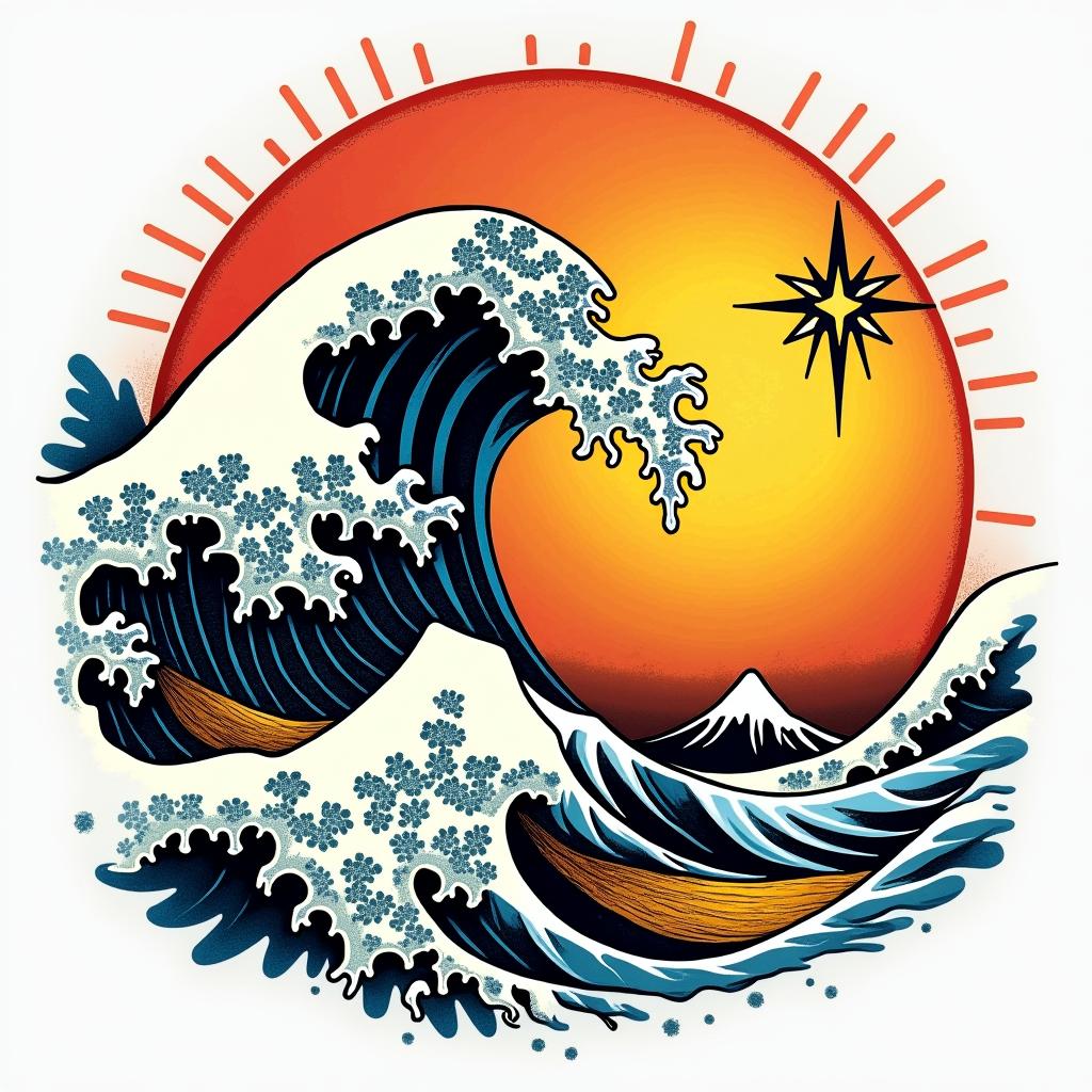Wave, star tarot, pure lifein pop art style tattoo, featuring bold and vibrant colors, exaggerated outlines, iconic imagery, inspired by comic books and speech bubbles, comic book characters, retro pop culture - Variation 4
